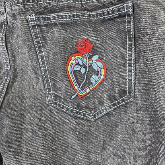 Laser Kitten Forever 21 Overalls Womens Medium Rainbow Straps Rose Heart Denim - Picture 12 of 14